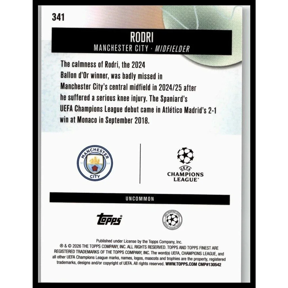 2025-26 Finest UEFA Rodri #341 Manchester City Uncommon